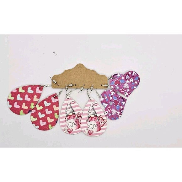 3 Womens Light Weight Faux Leather Dangle Earrings Design Both Sided Heart Gnome - Picture 3 of 4